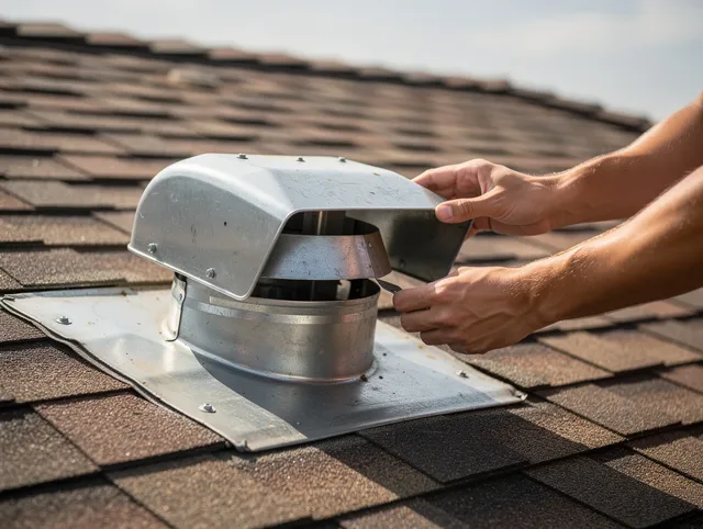 Avon Dryer Vent Cleaning certified technician safely cleaning a roof-mounted dryer vent in Avon