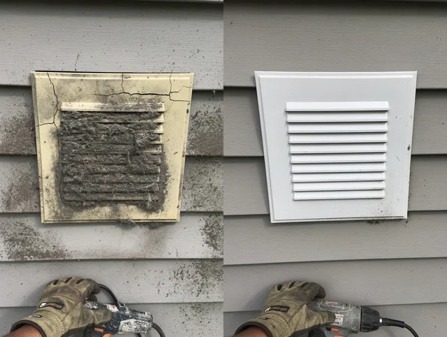 Avon Dryer Vent Cleaning technician installing high-quality dryer vent cover at a residential property in Avon